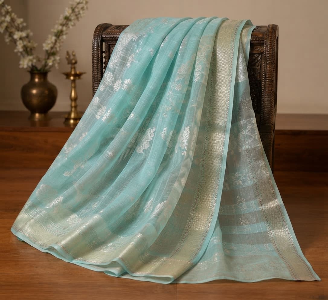 Featherlight woven cloth in soft aqua with a silver border