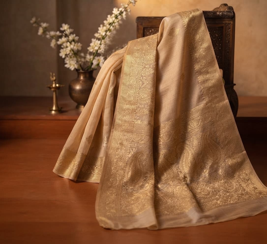 A cream tussar silk saree with a wide woven gold border, draped over a carved chair